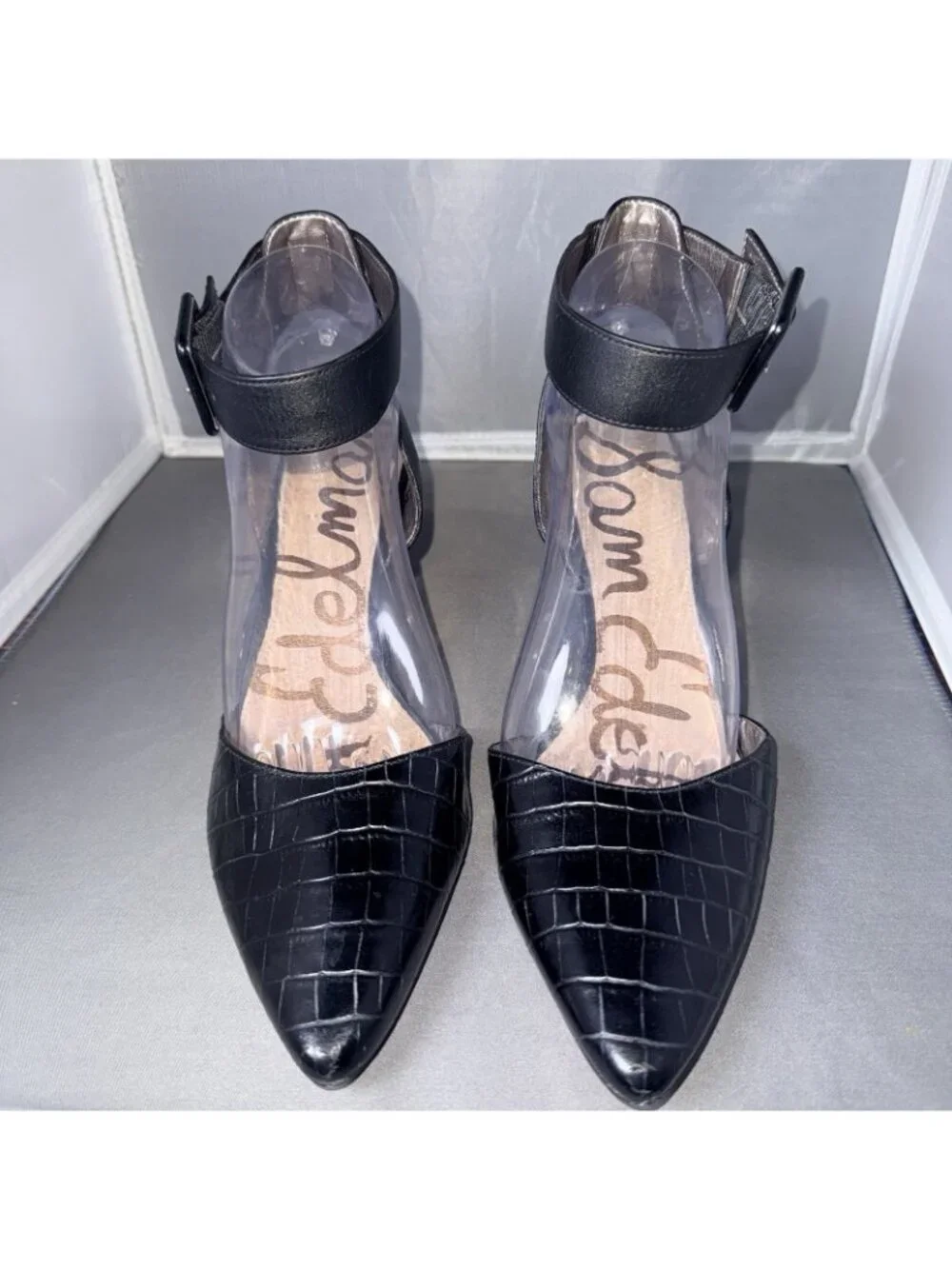 Sam Edelman Okala Croc Embossed Leather Strap Heels Black Size 8.5M - Picture 4 of 9